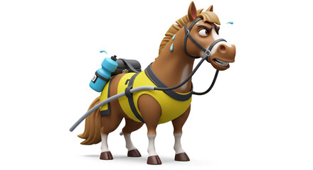 A cartoon horse, looking weary, is ready for a race, sporting a water bottle on its back.