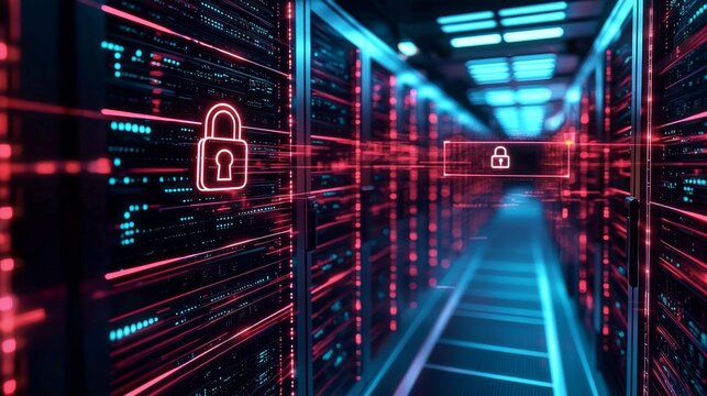 Secure server racks showcased in a modern data center environment.