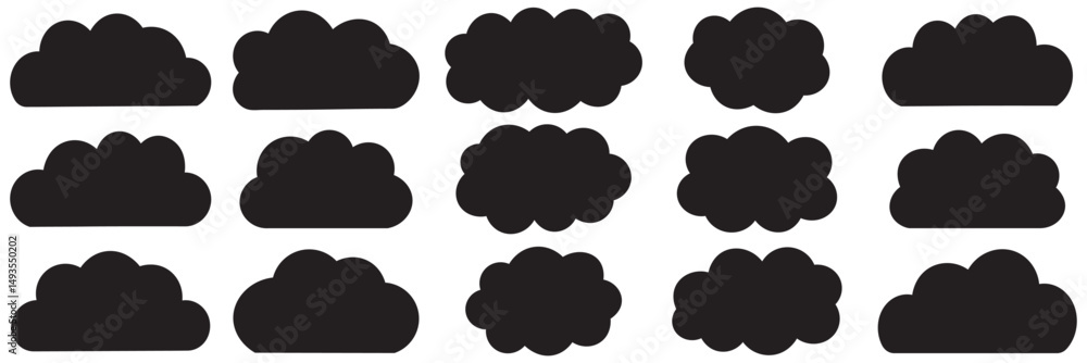 Poster black abstract cloud illustration set. cute fluffy, bubbly clouds collection. vector set of clouds s