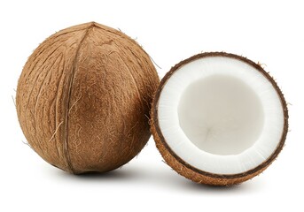 Coconut and halved coconut isolated on white background, tropical fruit