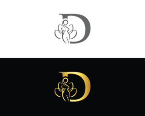 Letter D logo with woman and lotus design template in gray and gold vector