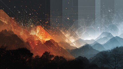 Abstract mountain landscape with digital elements depicting dual realities