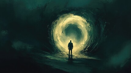 A lone figure stands before a swirling portal of light in the darkness