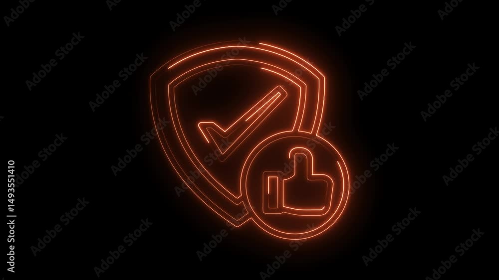 Poster glowing neon shield with checkmark and thumbs up icon on black background animation