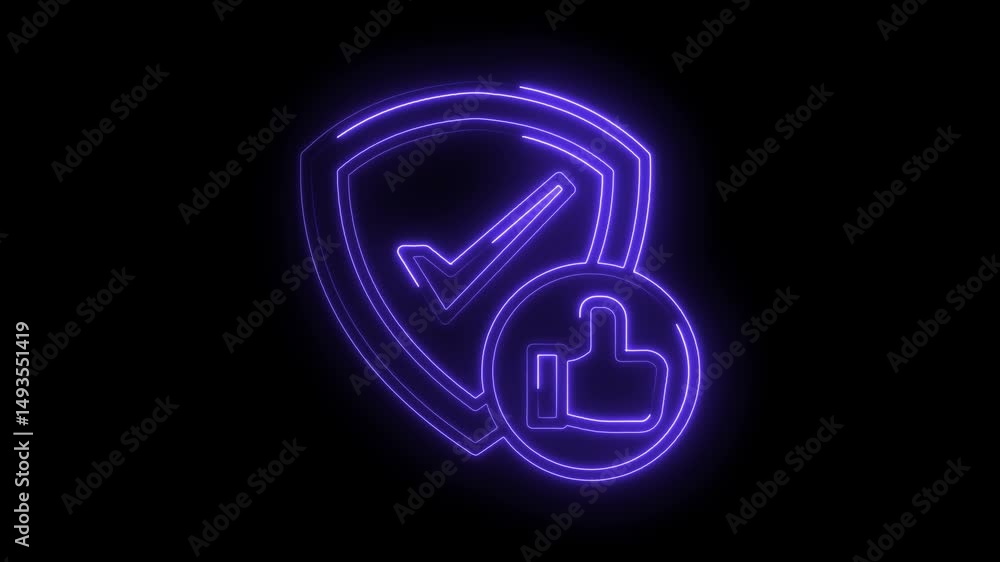 Poster glowing neon shield with checkmark and thumbs up symbol for approval and security