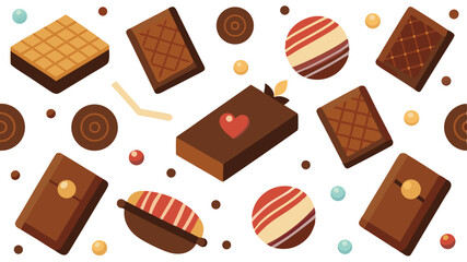  Sweet Chocolate Bars and Candy Vector Pattern on White.