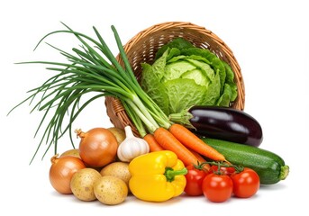 Fresh vegetables in a basket isolated on white background, healthy food