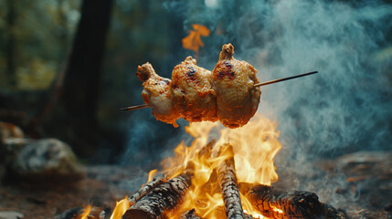 Chicken roasts over open campfire, smoky and