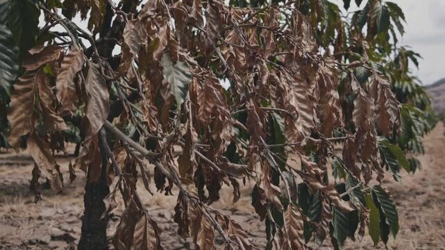 Drought-damaged coffee plants with dry leaves. Withered coffee trees suffering from extreme drought, illustrating climate change impacts, agricultural crisis, and crop failure themes.

