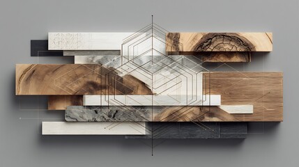 Artistic arrangement of wooden and marble textures intertwined with geometric design