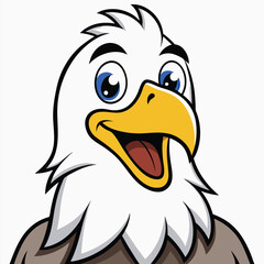 Cartoon bald eagle with expressive blue eyes happily opens beak wide to sing
