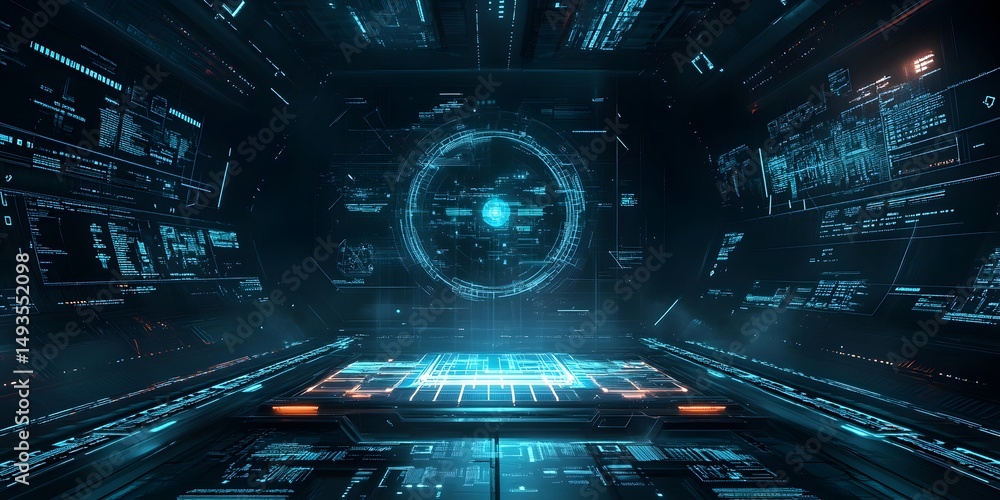 Poster futuristic digital interface panel display within a dark space.