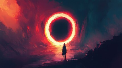 Woman standing before a glowing portal in a fiery landscape