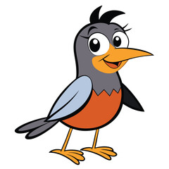 Cartoon robin with orange breast, grey head and eyelashes stands smiling against white