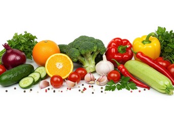 Assortment of fresh vegetables and fruits isolated on white background