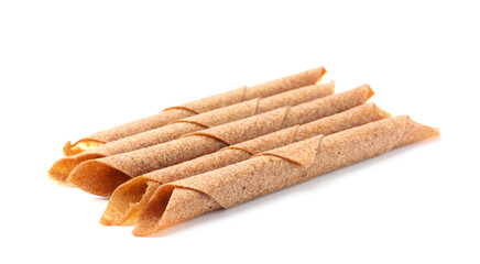 Delicious fruit leather rolls on white background