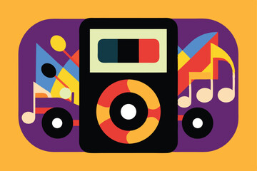Colorful abstract vector illustration of a retro music boombox with geometric shapes