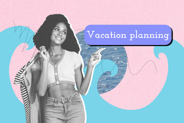 Composite trendy magazine photo collage of happy girl hold supplies point vacation planning water piece pool relax occasion