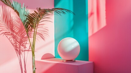 Naklejka premium Contemporary abstract set with palm and geometric sphere against pink blue backdrop modern interior style