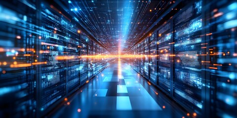 Fototapeta premium Futuristic data center hallway visualization.