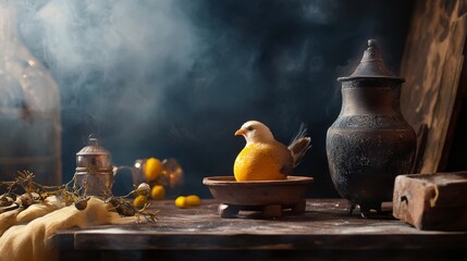 Rustic kitchen table with ceramic teapot lemons garlic and vintage mood in traditional culinary setting