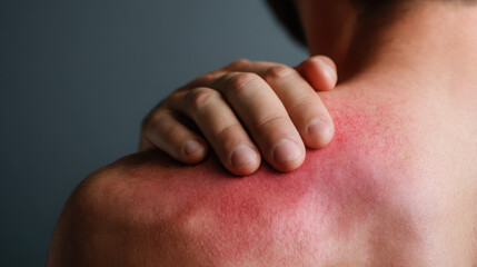 Close-Up of Man Experiencing Shoulder Pain with Visible Redness and Inflammation