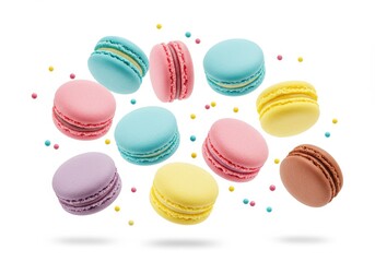 Obraz premium Assorted macarons and sprinkles isolated on white background, pastel colors