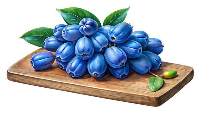 A Captivating Pile of Blue Honeysuckle Berries Displayed on a Wooden Board