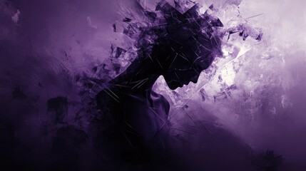 Abstract silhouette of woman with shattered glass effect in purple