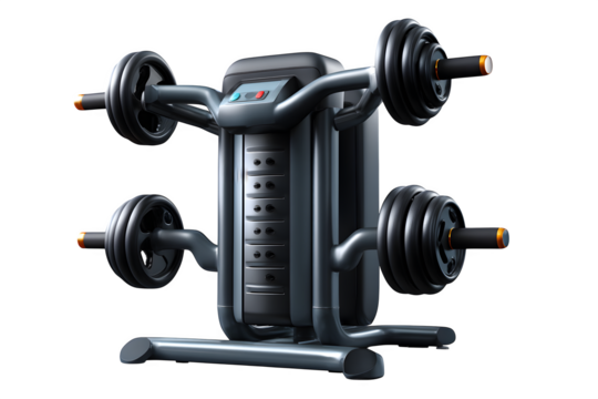 Ultra HD rotating view of chest press machine with padded handles, isolated on transparent background