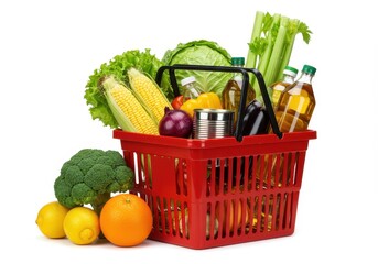 Red shopping basket filled with fresh vegetables isolated on white background