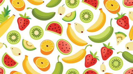 Tropical Fruit Salad Seamless Pattern Featuring Bananas Strawberries and Kiwis.