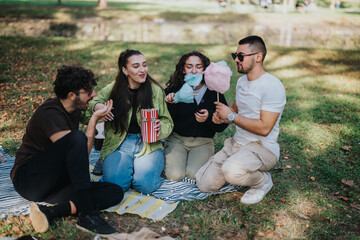 Fototapeta premium A group of friends sits on a blanket in a park, sharing cotton candy and laughter under the warm sun. The scene captures a joyful and carefree moment.