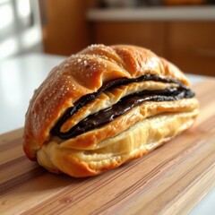 Fresh Pastry with Chocolate Filling on Wooden Board, Delicious Dessert, Sweet Pastry Snack, Baked Goodies