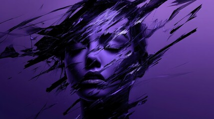 Abstract shattered glass portrait of a woman in purple tones