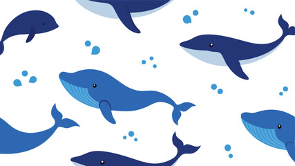 Whales and Ocean Animals Seamless Vector Pattern on White Background.