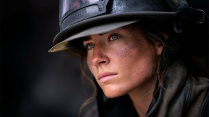 Portrait of a determined firefighter wearing protective gear during a challenging rescue operation in a smoky environment at dawn