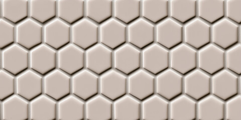 Naklejka premium Beige hexagonal ceramic tile texture with satin finish and honeycomb layout. 