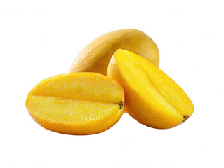 Three ripe ambarella fruits, one whole and two halves displaying their bright yellow pulp, are isolated against a clean white background in a close-up shot.