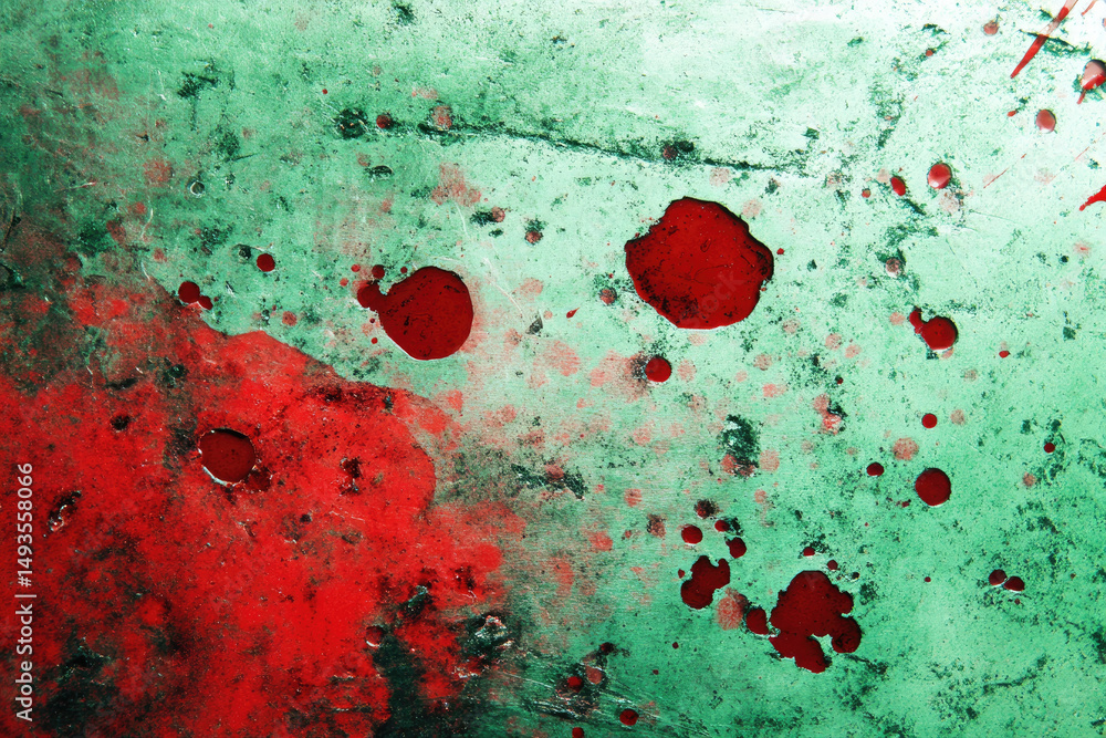 Poster textured surface with red and green splatters creates abstract, artistic pattern. vivid colors and i