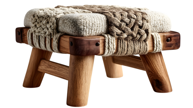A rustic wooden stool with woven jute details, adding warmth to interior design themes, shown on white --ar 16:9 --v 7.0 --s 750