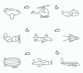 Cute plane, helicopter, rocket, collection set scribbles doodles vector illustration in different shape and style. Black outline style cartoon for background, pattern, wallpaper, children book