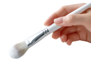 A fair skinned hand delicately holds a pristine white makeup brush with soft bristles against a clean white background, ready for cosmetic application use.