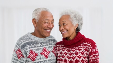 Elderly couple smiling at each other while wearing festive sweaters, fair isle style  