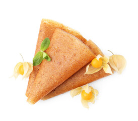 Delicious fruit leather rolls and physalis isolated on white, top view