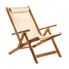 Contemporary Reclining Wooden Beach Chair with a White Leather Seat Isolated on Transparent Background