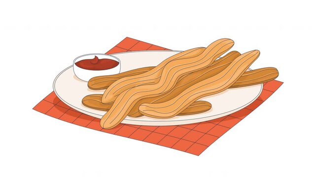 Mexican churros with chocolate dipping sauce cartoon animation. Spanish porras snack. Crispy fried pastry. Authentic food animated flat 2D composition 4K video isolated on white, still life