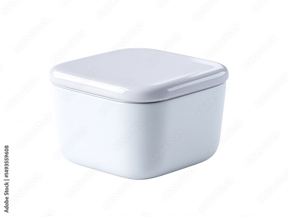 Poster a white square container with a matching lid sits centered on a plain white background, its smooth s