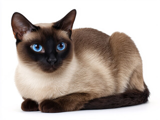 Siamese cat lying down on a white background