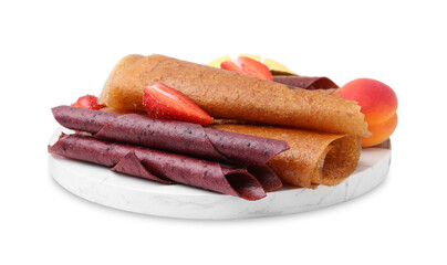 Delicious fruit leather rolls, strawberry and apricot isolated on white